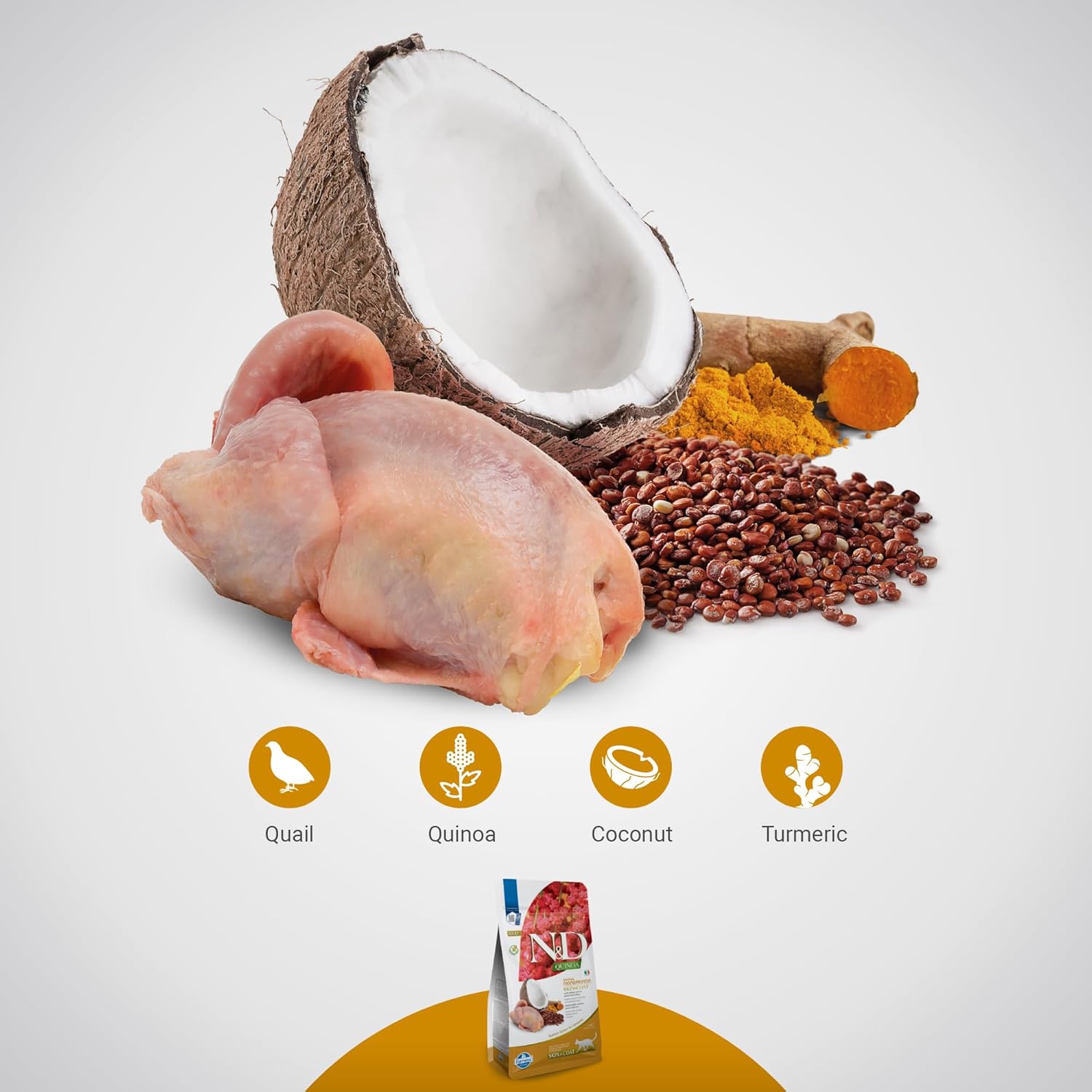 Farmina N&D Quinoa Skin & Coat Quail, Coconut & Turmeric Dry Food For Adult Cat - Image 2