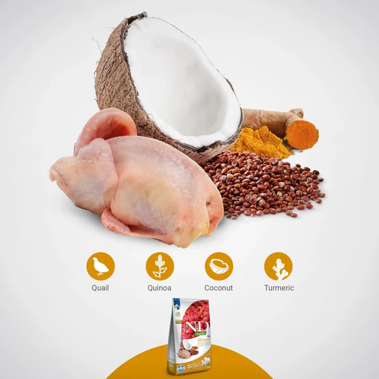 Farmina N&D Quinoa Monoprotein Quail, Coconut & Turmeric (Skin & Coat) Medium & Maxi Breed Dry Adult Dog Food - Image 2