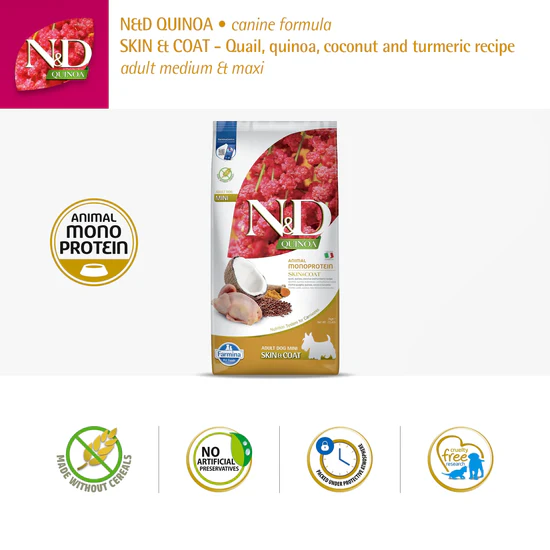 Farmina N&D Quinoa Monoprotein Quail, Coconut & Turmeric (Skin & Coat) Medium & Maxi Breed Dry Adult Dog Food - Image 3