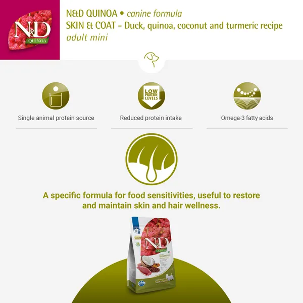 Farmina N&D Quinoa Duck Coconut & Turmeric Skin & Coat Grain Free Mini Adult Dog Dry Food - Image 3